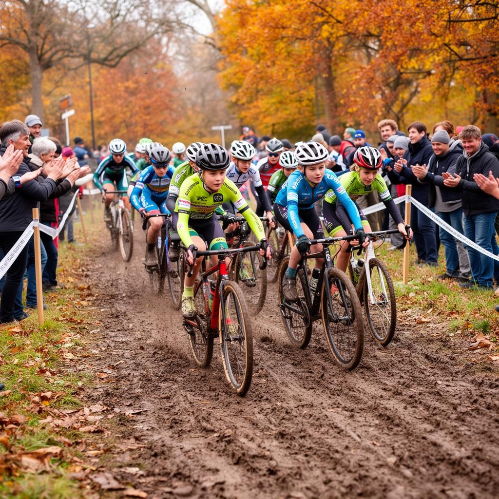 Young riders racing cyclocross on a muddy course