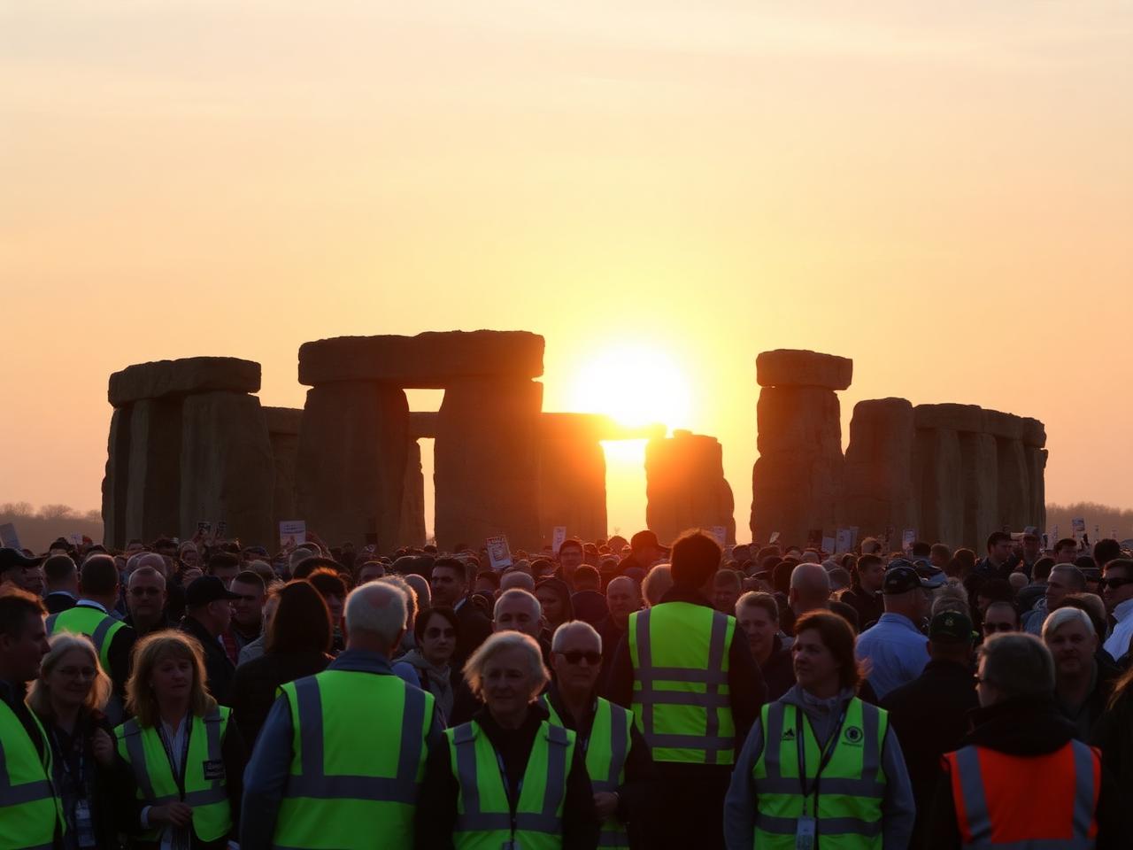 Crowds gathered with event staff at sunrise for the Stonehenge Summer Solstice